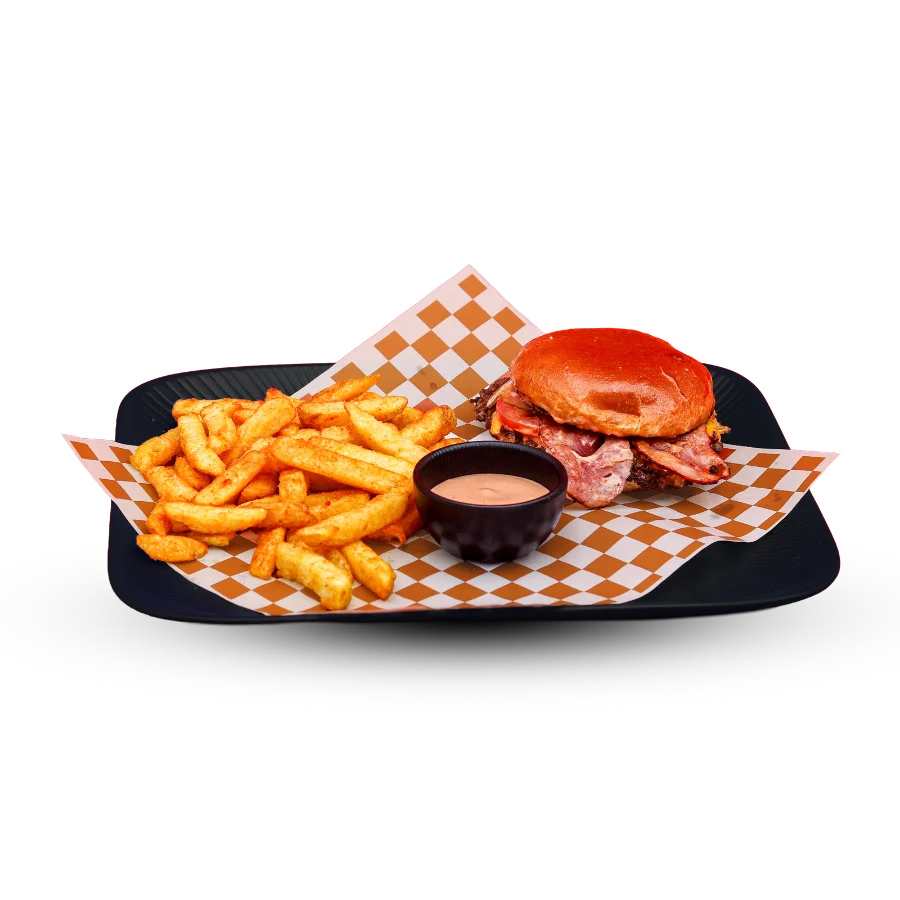 Spezial Smash'n'Bite Burger mit Pommes und Dip